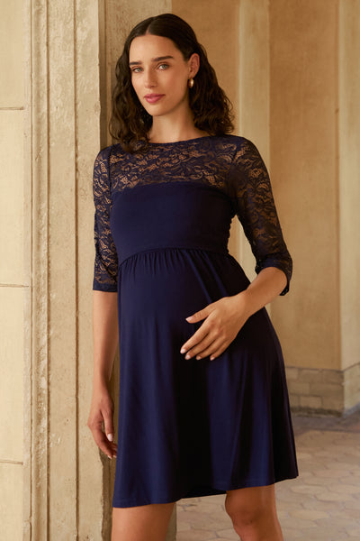 Maternity and nursing dress made of bamboo viscose with lace sleeves, navy