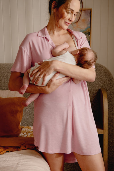 Maternity and nursing nightgown with button placket, pink