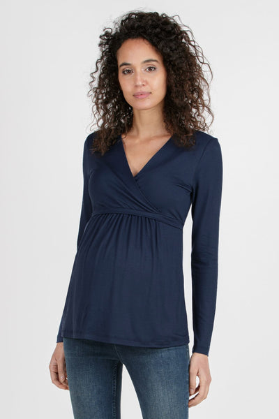 Maternity and nursing shirt with back tie, long sleeves, navy