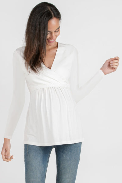 Maternity and nursing shirt with back tie, long sleeves, off-white
