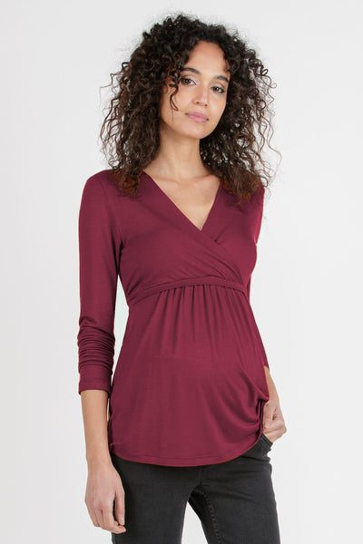 Maternity and nursing shirt with back tie, long sleeves, burgundy