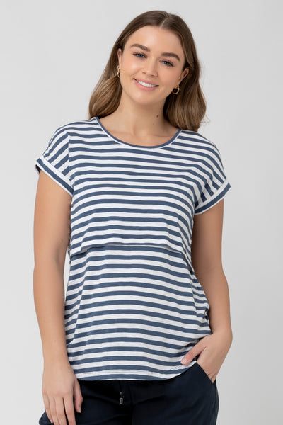 striped maternity and nursing shirt, navy and white