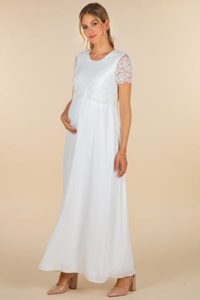Long maternity wedding dress with nursing opening and lace