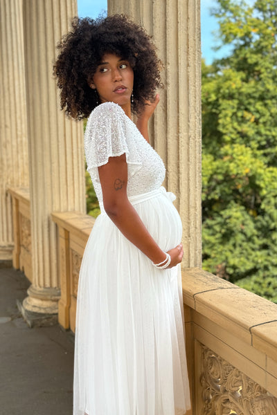 Maternity wedding dress with sequined top