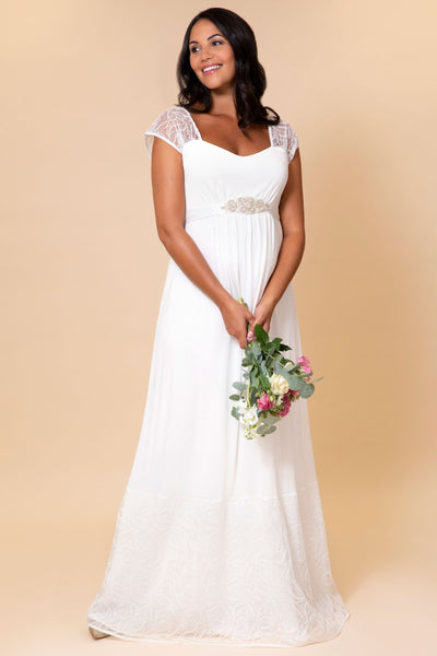 Maternity bridal gown with transparent lace sleeves