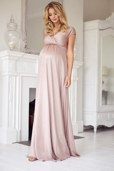 Festive long pink maternity and nursing dress