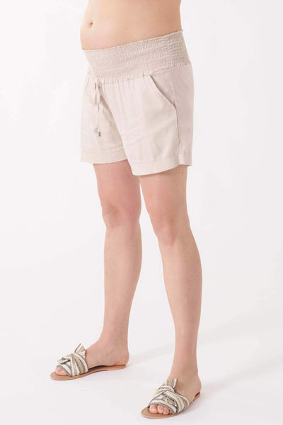 Casual maternity shorts with smocked waistband, beige
