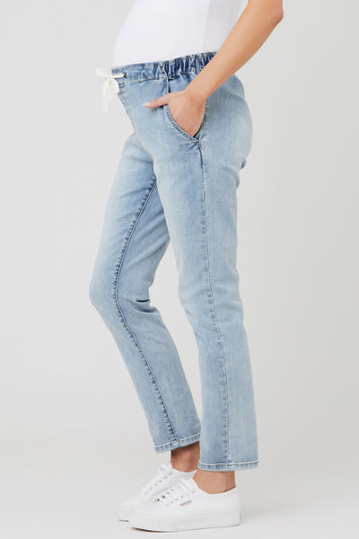 Denim maternity joggers with drawstring, light wash