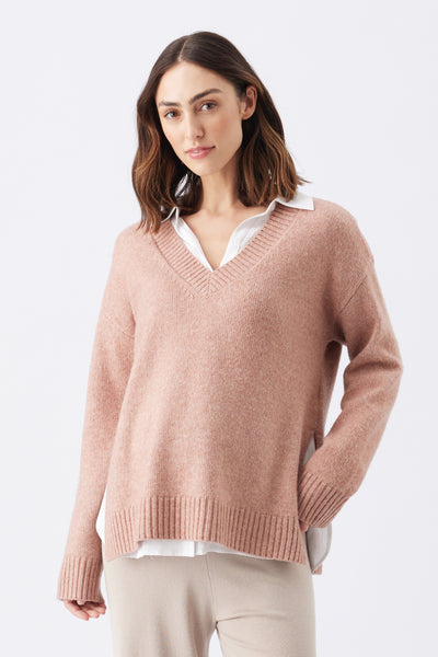 V-neck maternity and nursing sweater with side nursing openings, terracotta