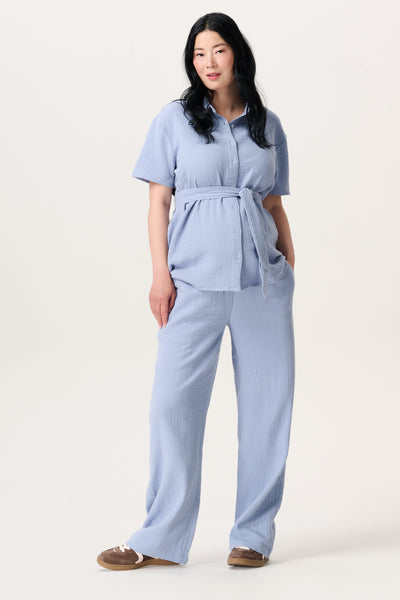 Wide Leg Musselin Umstandshose mit Smockbund hellblau