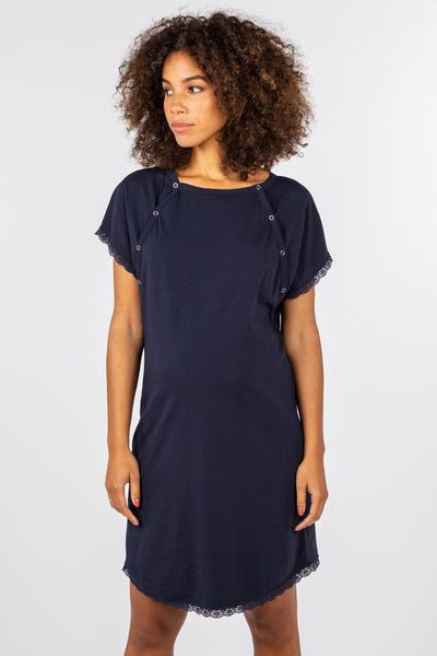 Organic birthing dress and nursing nightgown navy