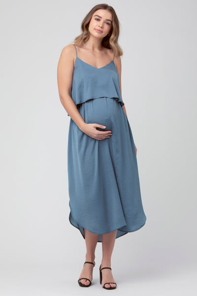 Zweilagiges Umstands- und Stillkleid mit Spaghettiträgern schieferblau
