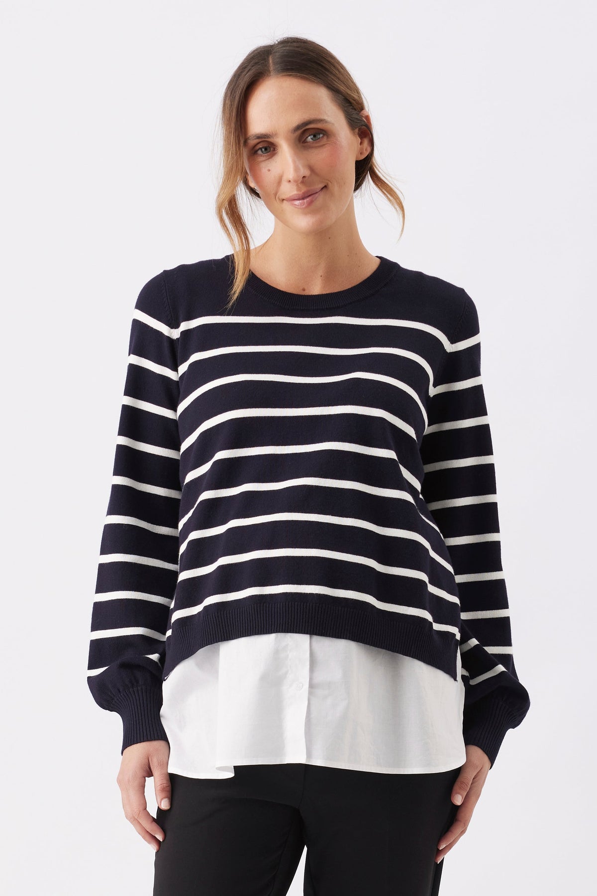 Gestreifter Umstands- und Stillpullover im 2-in-1 Layer-Look navy-weiß RIP26AW24 1