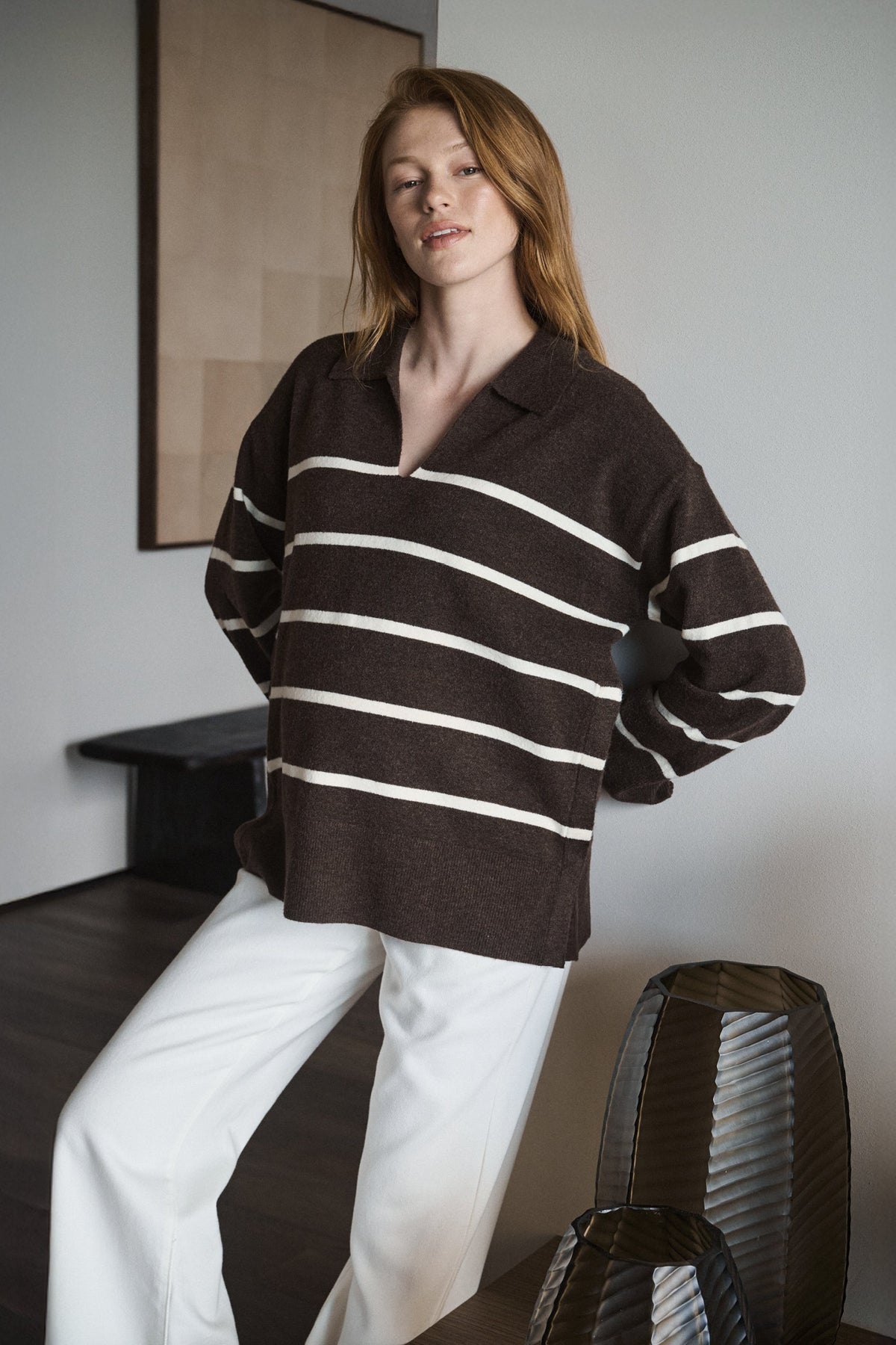 Gestreifter Umstands- und Stillpullover aus Strick mit V-Ausschnitt RIP26AW19 4