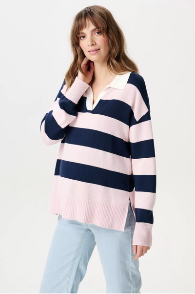 Maternity and nursing sweater with polo collar, pink striped