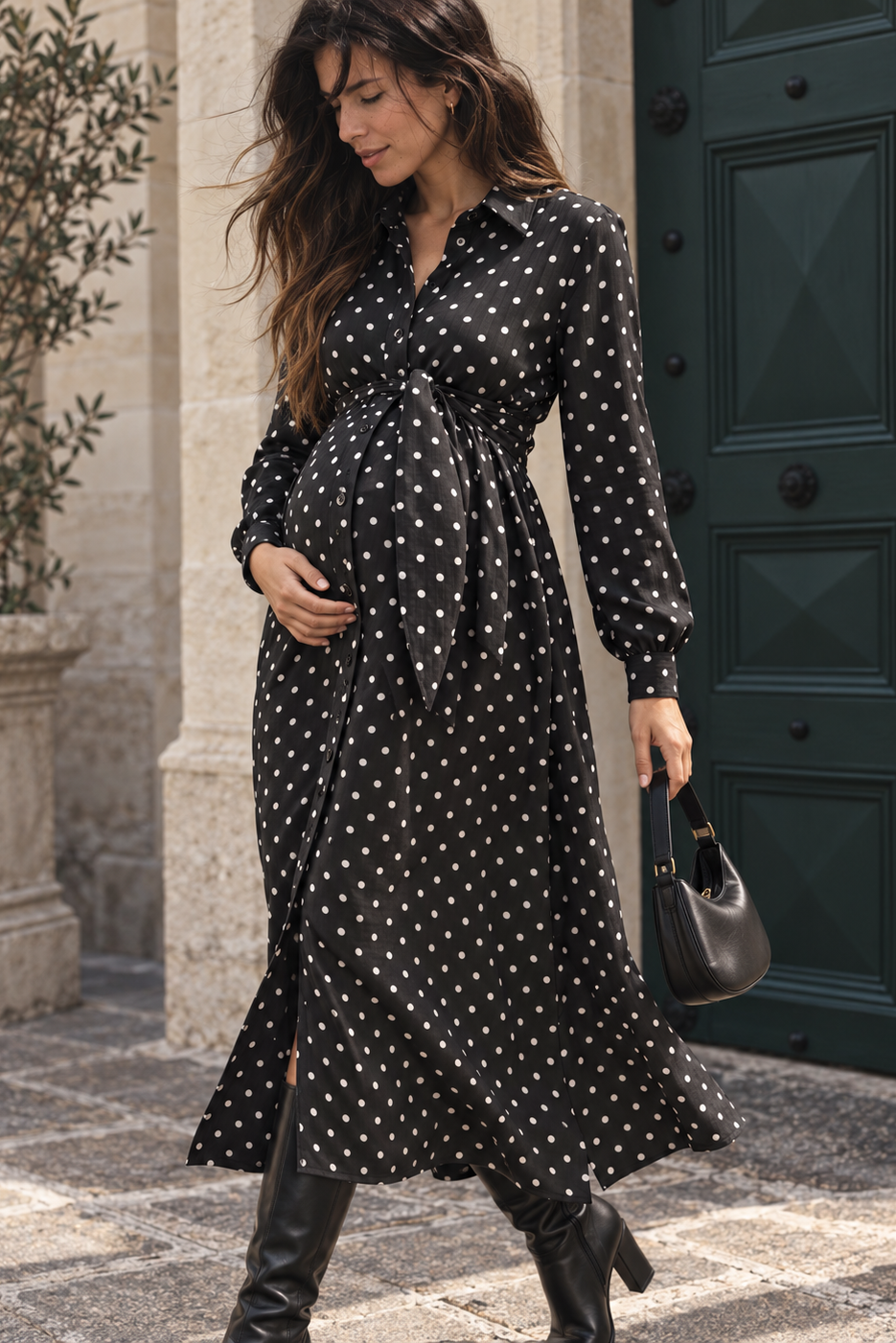 Midi Umstands- und Still-Hemdblusenkleid zum Binden mit Polka Dot Print MAM26AW30 1