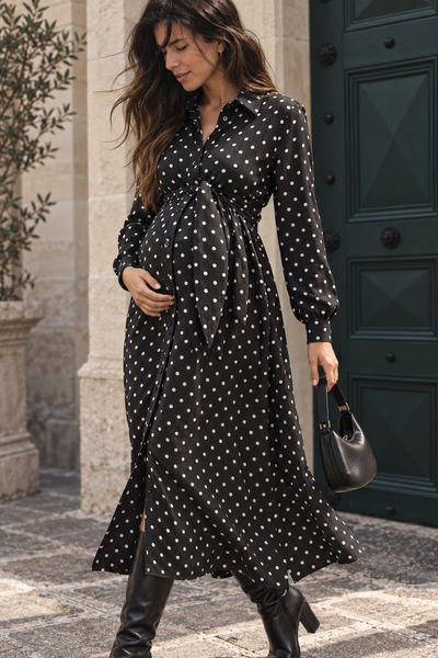 Midi Umstands- und Still-Hemdblusenkleid zum Binden mit Polka Dot Print
