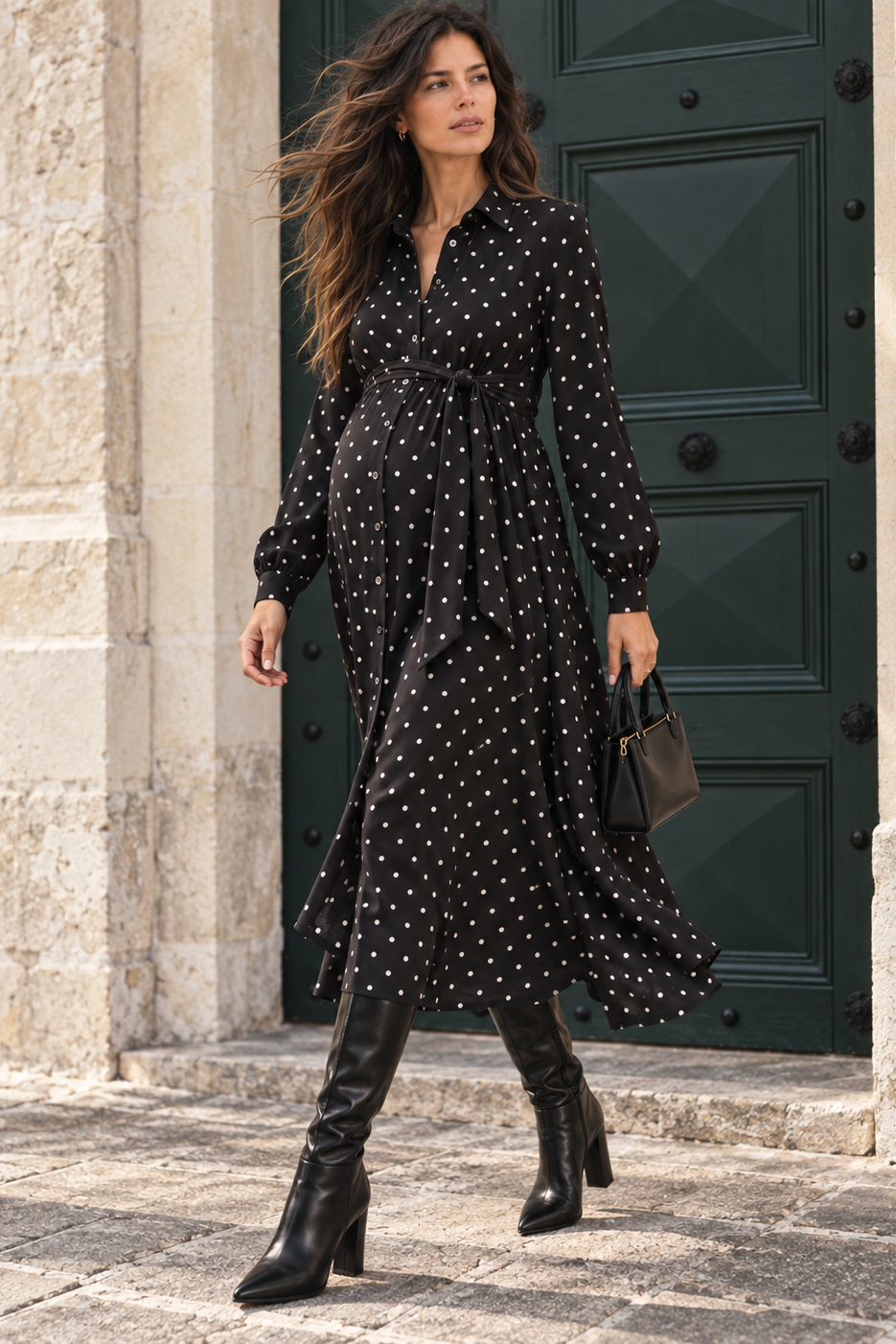 Midi Umstands- und Still-Hemdblusenkleid zum Binden mit Polka Dot Print MAM26AW30 3