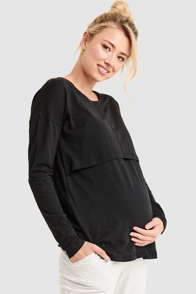 Maternity and nursing shirt, long-sleeved, relaxed fit, black