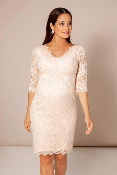 Plus size maternity lace dress with V-neck, mother of pearl