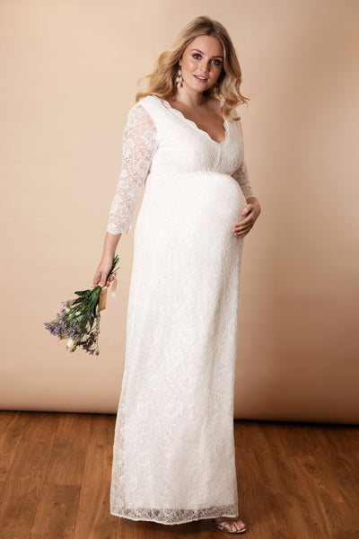 Plus Size Umstandsbrautkleid mit Spitzenärmeln lang